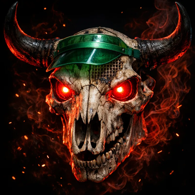 $BEEF bull skull mascot with glowing red eyes and accountant visor — forensic AI audit bot